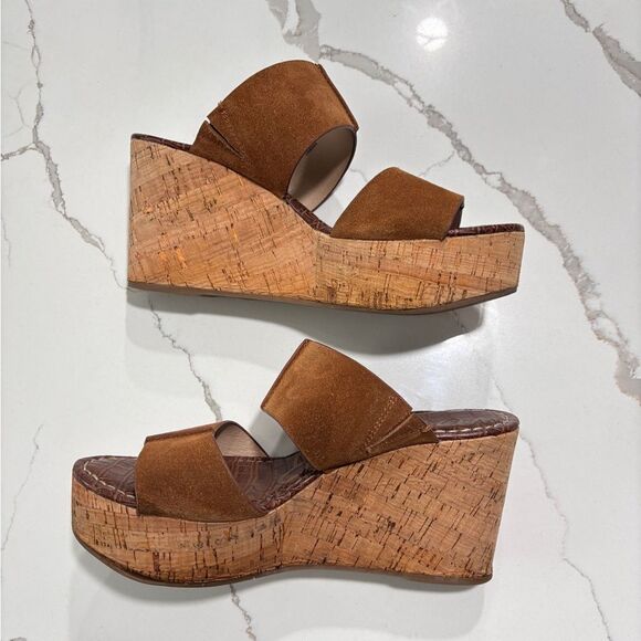 Sam Edelman | Damara Women’s Brown Suede Platform Wedge Cork Slip on Sandals - Picture 3 of 11